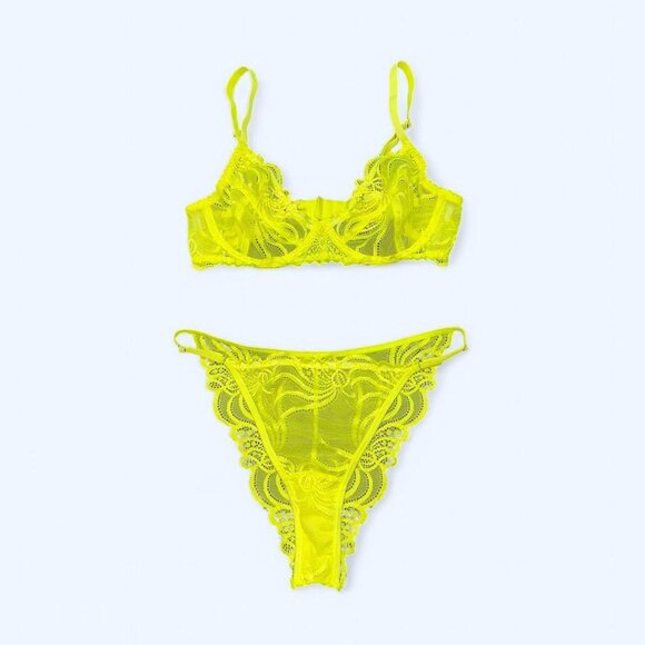 Neon Yellow Lace Lingerie Set - Picture 1 of 2